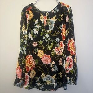 LOFT Black Multi Color Floral Sheer Long Sleeve Blouse